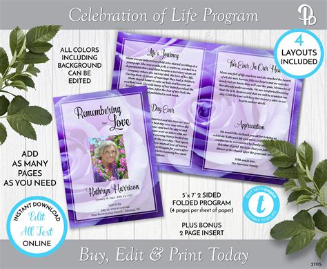 Lavender Rose Funeral Program Template, Obituary/order of Service