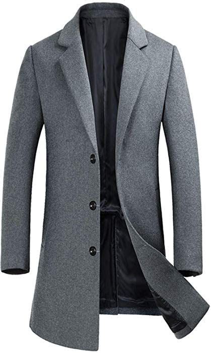 ELETOP Men's Lapel Wool Coats Single Breasted Trench Coat Windbreaker Jacket 1889 Gray M at ...
