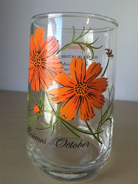 Vintage Flower Of The Month Series Orange Flower Drinking Glass October Cosmos Floral Glass Cup