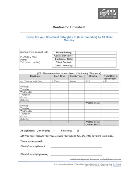 Contractor Timesheet Template In Word And Pdf Formats