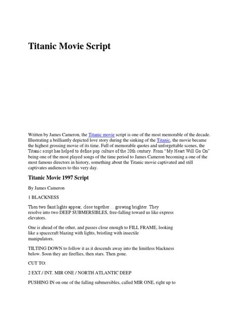 A comprehensive index of movie scripts and screenplays online. 1997 Titanic Movie Script | Nature