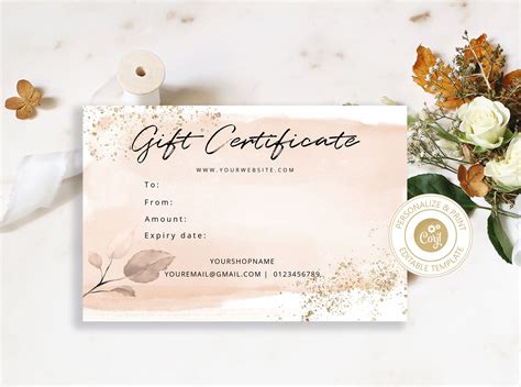 Editable Gift Certificate Template Blush Pink Corjl Printable Abstract Gift Voucher Instant