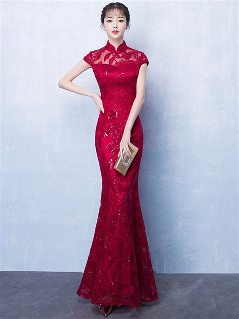 Wine Red Sequined Fishtail Qipao Cheongsam Wedding Dress Cozyladywear