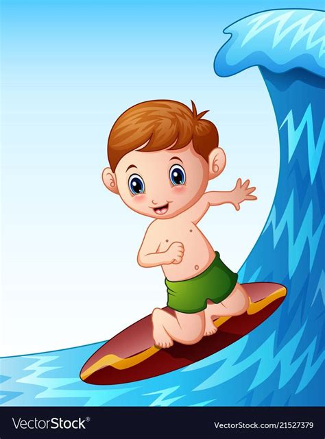 Cartoon little boy playing surfboard on the sea vector image on