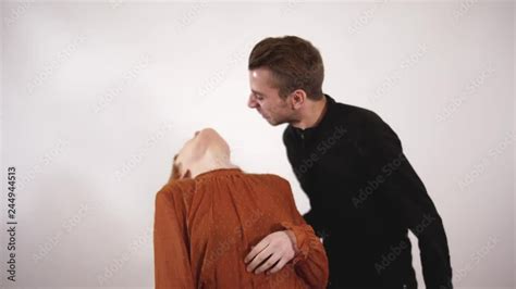 Aggressive Man Grabbed Womans Hair Pulling Her Hair Down Squeezing