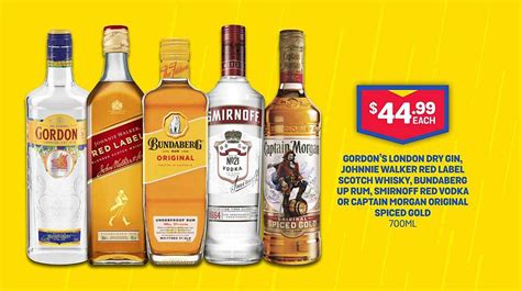 Gordon S London Dry Gin Johnnie Walker Red Label Scotch Whisky Bundaberg Up Rum Smirnoff Red