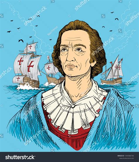 Christopher Columbus 1451 1506 Portrait In Line Art Illustration He