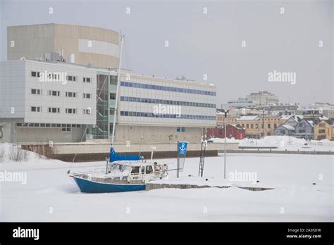 Sail Boat In A Frozen Harbour Oulu Finland Stock Photo Alamy