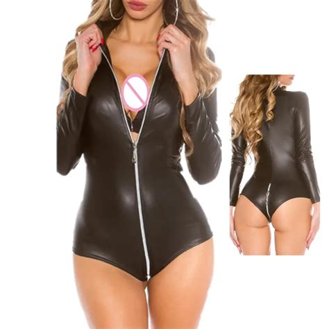 sexy black pvc bodysuit zipper latex wetlook bodycon catsuit gothic faux leather jumpsuit women