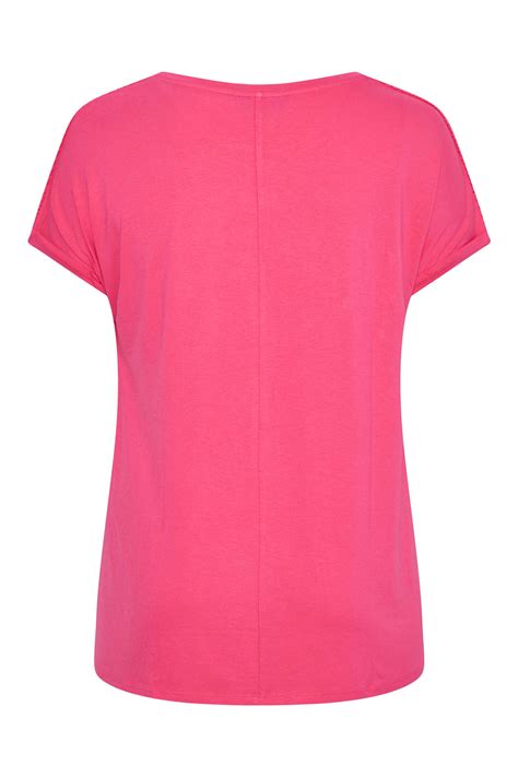 Plus Size Hot Pink Crochet Shoulder T Shirt Yours Clothing