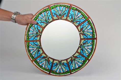 Buy Handmade Large Round Wall Mirror With Blue And Green Stained Glass Painting 1218420682
