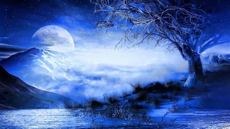 🥇 Blue Nature Trees Night Moon Fantasy Art Wallpaper 122572
