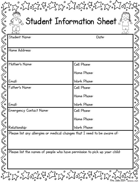 Student Information Sheet Worksheetscity