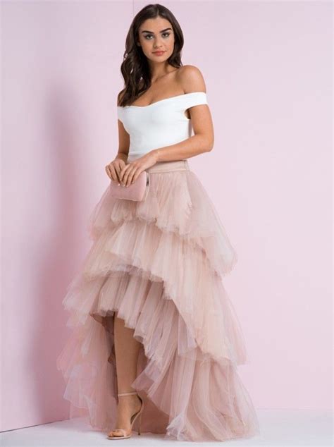 Ruffle Tulle Tiered Dip Hem Maxi Skirt In Pink Tulle Skirts Outfit