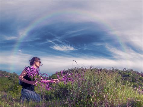 Woman Picking Purple Flowers Under The Clouds And Sky Image Free