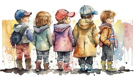 Premium Ai Image A Watercolor Painting Of Children In A Line