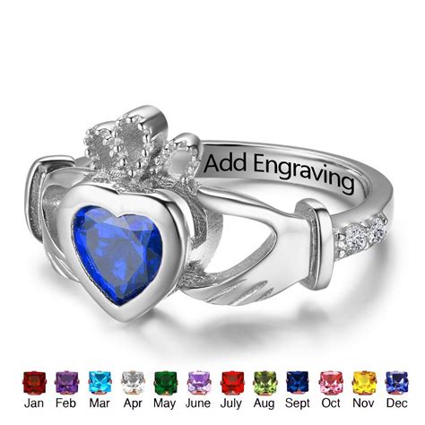 Customized Silver Claddagh Heart Cut 1 Stone Birthstone Ring In