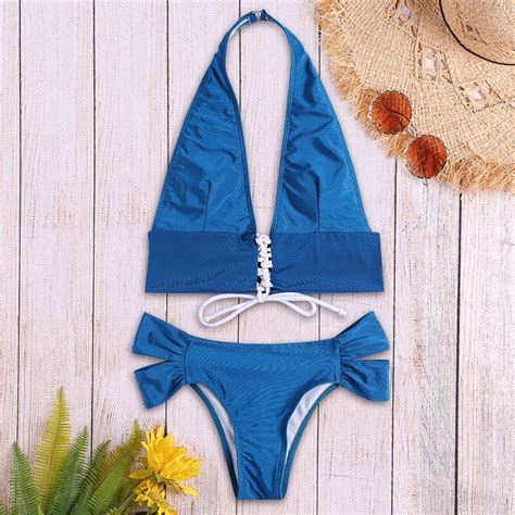 Lace Up Blue Halter Bandage Biquini Swimwear Women Bathing Bikini Set