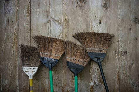 Selection Of Brooms Standing At Wooden Wall By Stocksy Contributor