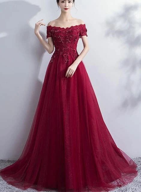 wine red off shoulder tulle and lace evening gowns beautiful formal prom dresses cg6524 red