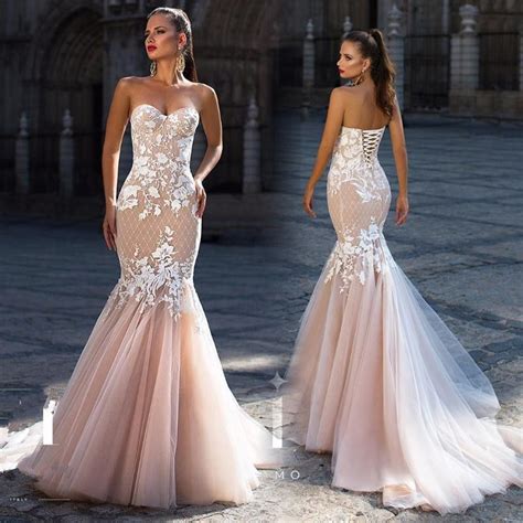 vestido de novia 2017 lace up champagne tulle mermaid turkish wedding dresses gelinlik appliques