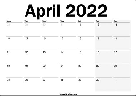 2022 Uk April Calendar Printable