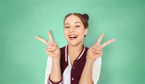 Happy Student Girl Showing Peace Sign Over Green Stock Image Image Of