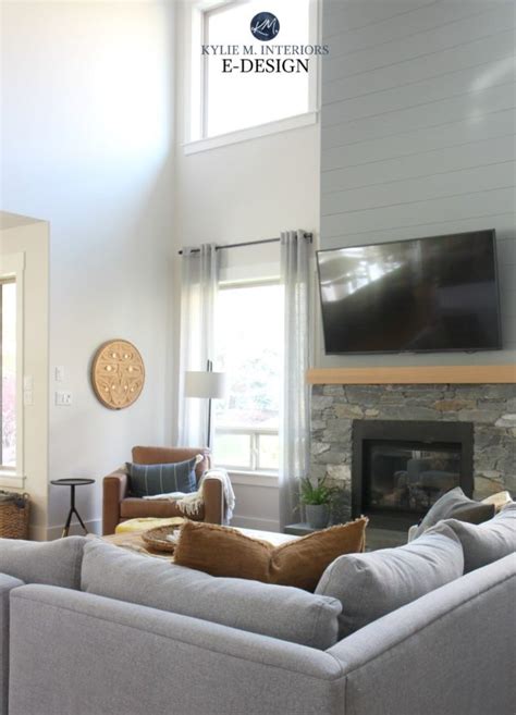 Living Room Stone Fireplace Shiplap Tv Tall Ceilings Benjamin