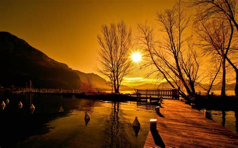 Brown Wooden Dock Nature Landscape Lake Sunset Hd Wallpaper