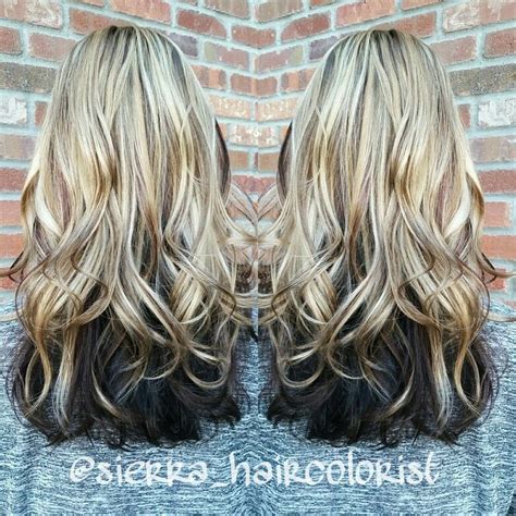 Brown hair bob with golden locks. Highlights and lowlights. Blonde on top dark underneath. L ...