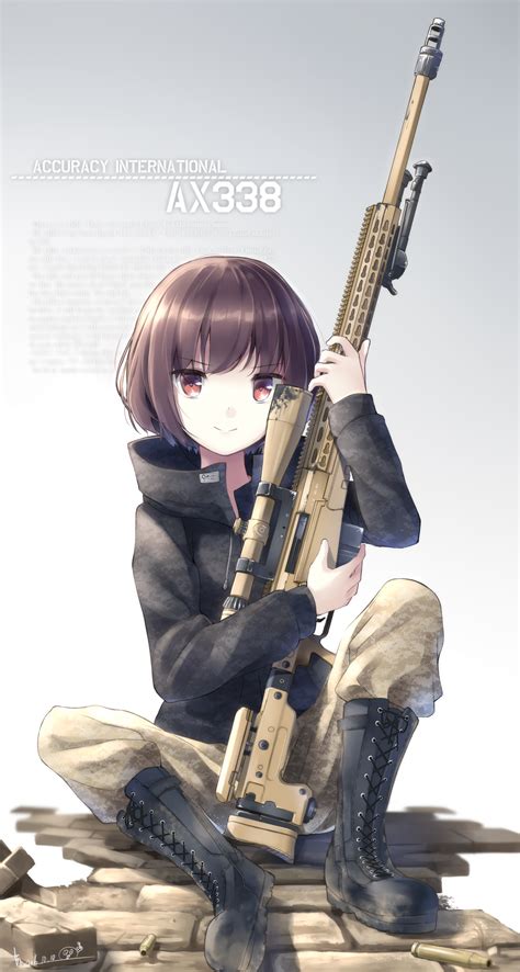 Wallpaper Illustration Gun Anime Girls Short Hair Brunette Weapon Soldier Red Eyes