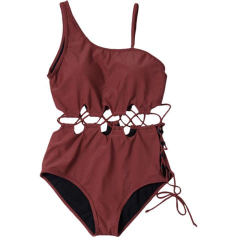 Slimming Lacing Asymmetric Swimsuit Burgundy 21 Liked On Polyvore