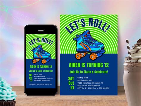 Skate Digital Birthday Invitation Editable Neon Glow Roller Etsy