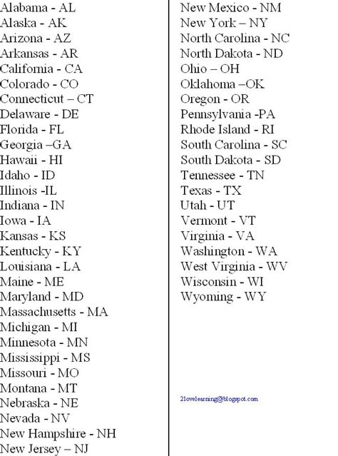 List Of States In Alphabetical Order Printable