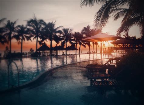 Sunset At The Seaside Palms And Swimming Pool Wallpaper Download 1920x1408