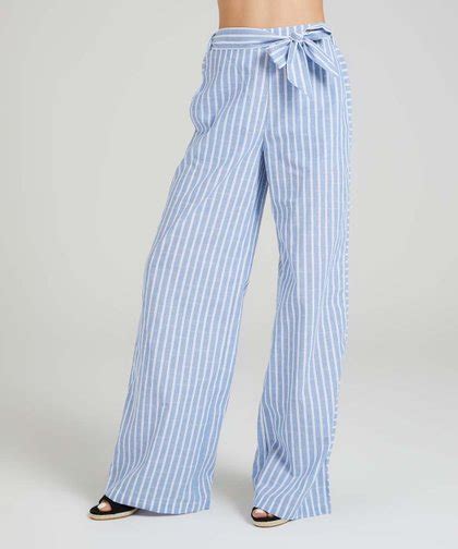 Light Blue And White Stripe Linen Blend Wide Leg Pants Women And Plus