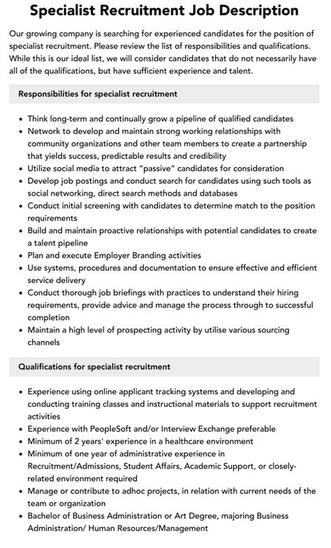 Specialist Recruitment Job Description Velvet Jobs