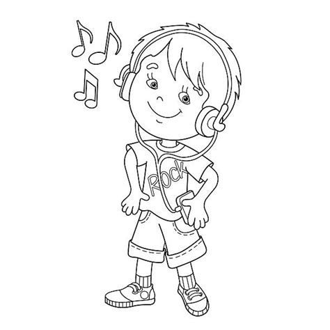 Coloring Book Little Boy Listening To Music On Headphones Clip Art
