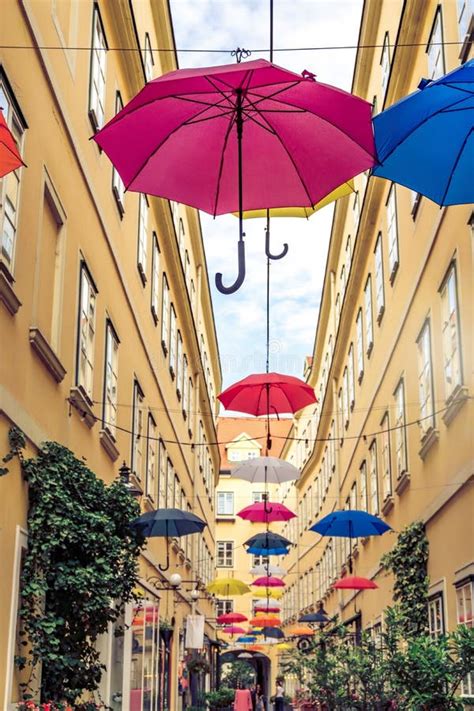 Colorful Umbrellas Hanging Out Above Old Passage Street In Vienna
