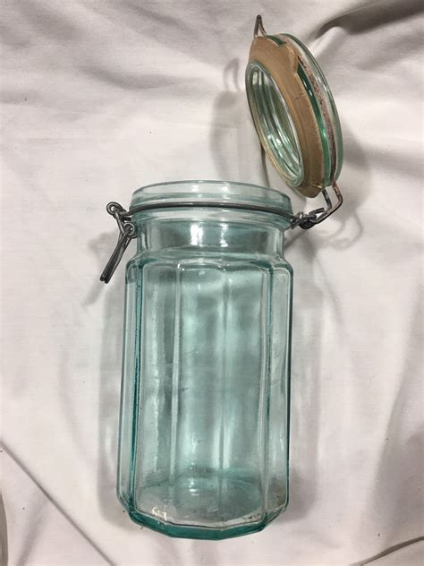Vintage Green Glass Storage Jar Metal Bail Jar Green Jar Etsy Vintage Green Glass Glass