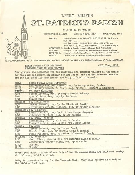 Vintage Bulletin St Patrick Roman Catholic Church Niagara Falls