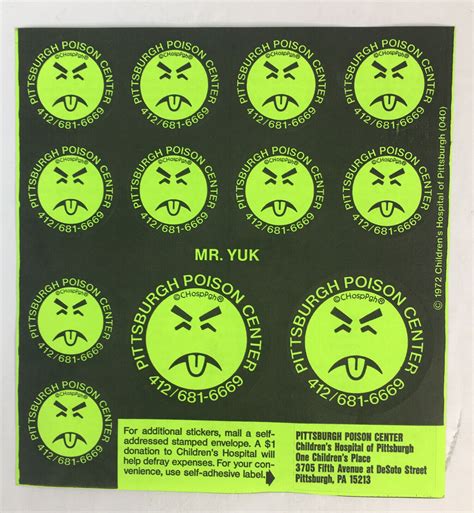 1972 Mr Yuk Pittsburgh Poison Control Center Sticker Sheet Childrens