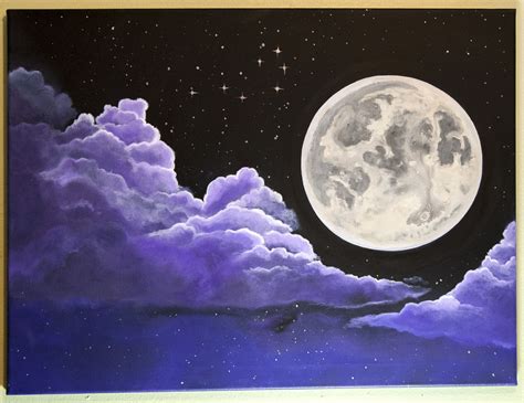Full Moon With Purple Clouds Original Painting Painting Art Moon