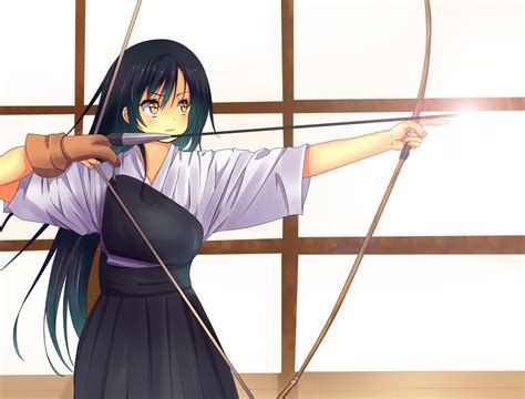 Photos Girls Archers Warriors Kimono Anime Bow Weapon