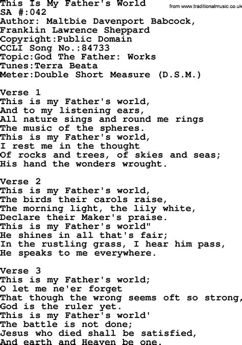 Salvation Army Hymnal Song This Is My Fathers World With Lyrics And Pdf