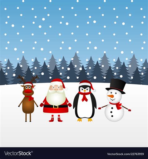 Santa Claus With Snowman Reindeer And Penguin In Vector Image