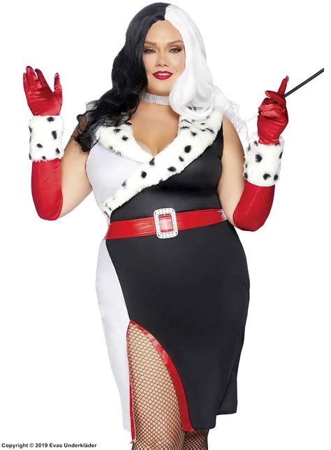 Cruella De Vil Costume Dress Faux Fur High Slit Belt Xl To 4xl