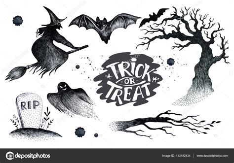 Halloween Hand Drawing Black White Graphic Set Icon Drawn