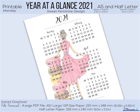 2021 Year At A Glance Printable 2021 Calendar Yearly Planner Etsy