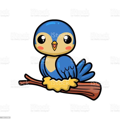 Cute Little Blue Bird Cartoon On Tree Branch Stock Illustration